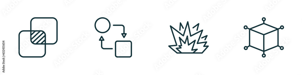 Poster set of 4 linear icons from geometry concept. outline icons included unite, transform, explode, 3d cu