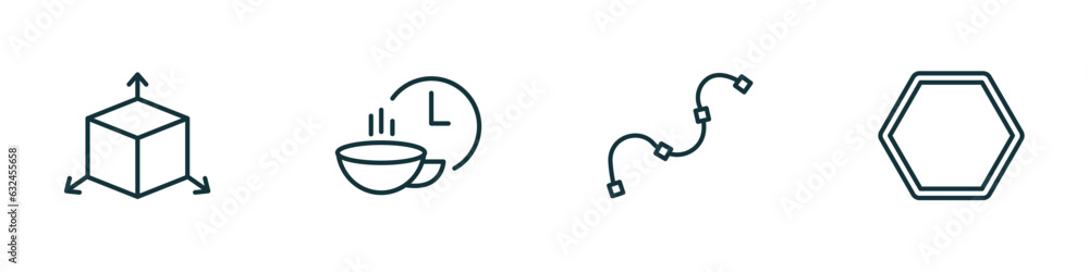 Poster set of 4 linear icons from geometry concept. outline icons included dimension, break, spline, octago