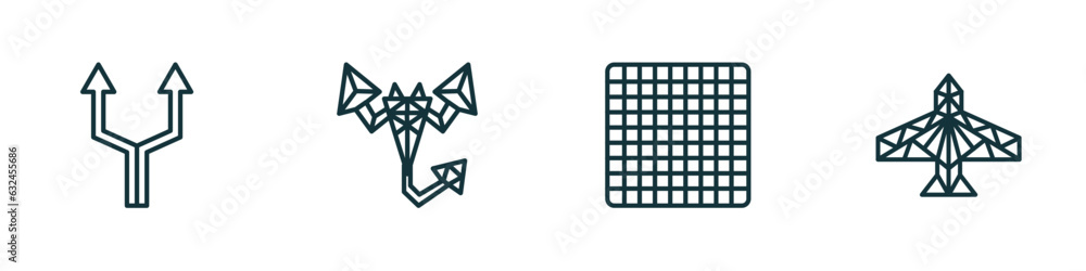 Poster set of 4 linear icons from geometry concept. outline icons included parallel, polygonal scorpion, gr
