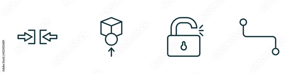 Poster set of 4 linear icons from geometry concept. outline icons included constraint, front, unlock, line 
