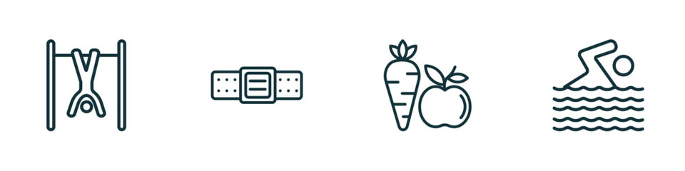 set of 4 linear icons from gym and fitness concept. outline icons included exercise hang bar, athletic strap, carrot and, man swimming vector