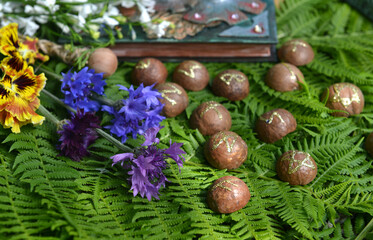 Still life with ola runes, flowers and magic book of spells on green leaves. Occult, esoteric and...