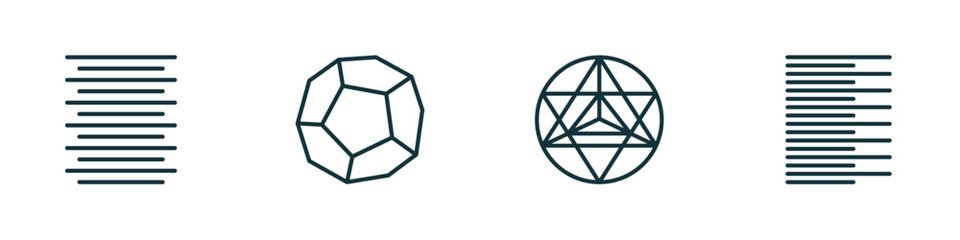 set of 4 linear icons from geometric figure concept. outline icons included center alignment, dodecahedron, metatron cube, left alignment vector - obrazy, fototapety, plakaty
