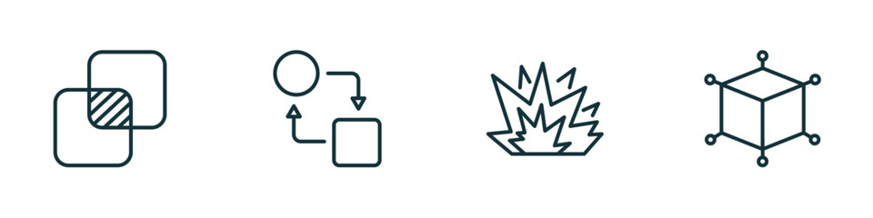 set of 4 linear icons from geometry concept. outline icons included unite, transform, explode, 3d cube vector