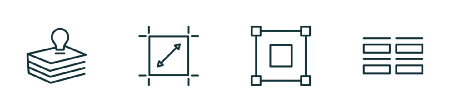 set of 4 linear icons from geometry concept. outline icons included base, dimensions, bounding box, array vector