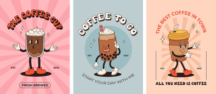 Retro poster with coffee mascot, cartoon characters, funny colorful doodle style characters, cappuccino, cocoa, latte, espresso, matcha, bobba. Vector groovy characters on colorful background