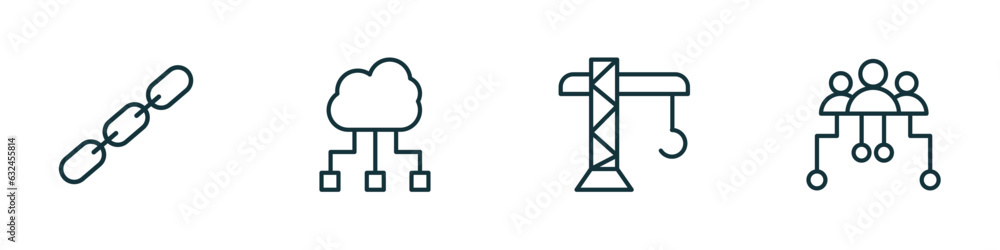 Poster set of 4 linear icons from general concept. outline icons included chain, computing technology, buil