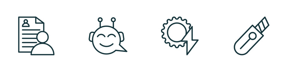 set of 4 linear icons from general concept. outline icons included hr policies, chat bot, energy efficiency, stationery knife vector
