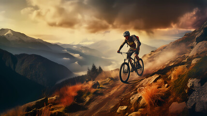 Mountain Trail Enigma: Softbox-Lit Biker Amidst Mystical Landscape
