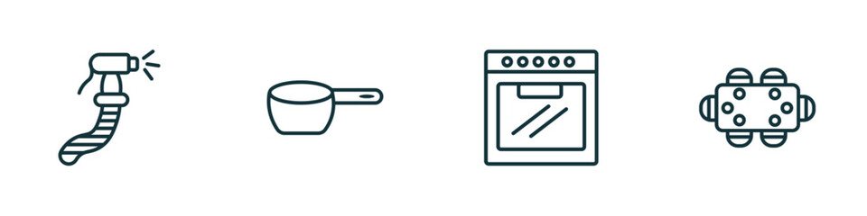 set of 4 linear icons from furniture & household concept. outline icons included bidet, small saucepan, oven, dining table vector