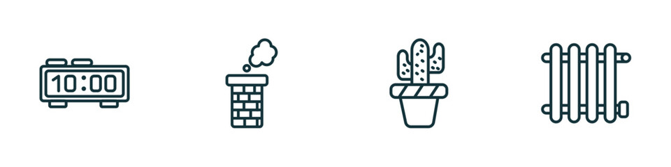 set of 4 linear icons from furniture & household concept. outline icons included table clock, chimney, cactus, radiator vector