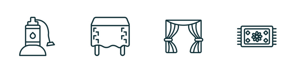 set of 4 linear icons from furniture & household concept. outline icons included sump pump, table linens, curtain, rug vector