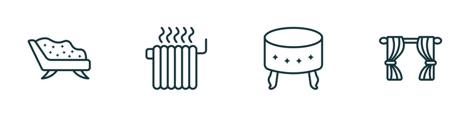 set of 4 linear icons from furniture & household concept. outline icons included divan, heating, footstool, curtains vector