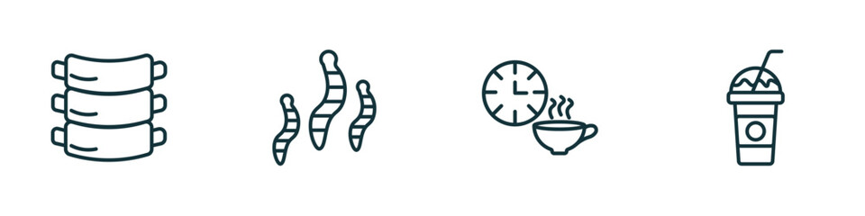 set of 4 linear icons from food concept. outline icons included ribs, worms, tea time, milk shake vector
