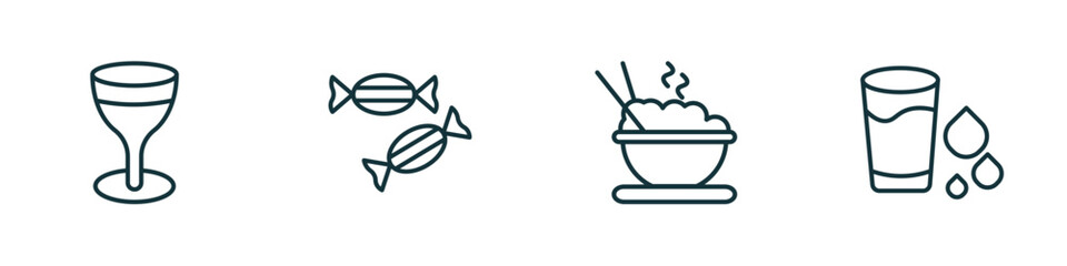 set of 4 linear icons from food concept. outline icons included cup of wine, sugar container, dandan noodles, drink water vector