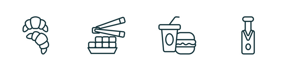 set of 4 linear icons from food concept. outline icons included croissant, fried tofu curd balls, junk food, sparkling wine vector