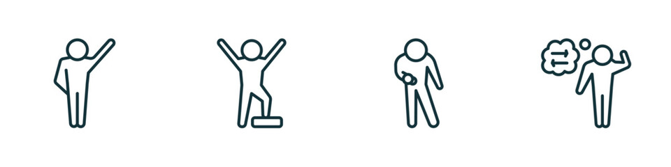 set of 4 linear icons from feelings concept. outline icons included determined human, proud human, impatient human, lost vector
