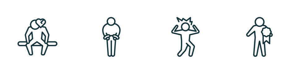 set of 4 linear icons from feelings concept. outline icons included heartbroken human, guilty human, frustrated human, special vector