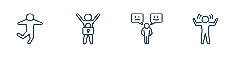 set of 4 linear icons from feelings concept. outline icons included good human, safe human, emotional human, amazed vector