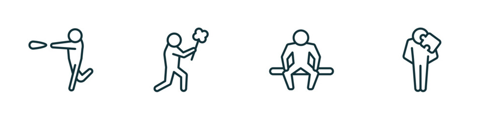 set of 4 linear icons from feelings concept. outline icons included super human, sorry human, alone human, incomplete vector