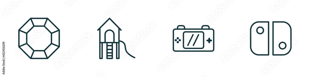 Poster set of 4 linear icons from arcade concept. outline icons included crystal, playground, handheld game
