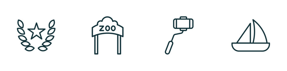 set of 4 linear icons from arcade concept. outline icons included glory, zoo, selfie stick, sailing boat vector