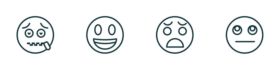 set of 4 linear icons from emoji concept. outline icons included -mouth emoji, excited emoji, anguished thinking vector