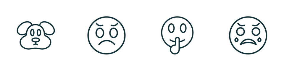 set of 4 linear icons from emoji concept. outline icons included dog emoji, dissapointment emoji, shushing crying vector
