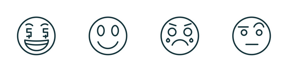 set of 4 linear icons from emoji concept. outline icons included rich emoji, emoji cry sceptic vector - obrazy, fototapety, plakaty