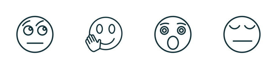 set of 4 linear icons from emoji concept. outline icons included curious emoji, hello emoji, shocked pensive vector