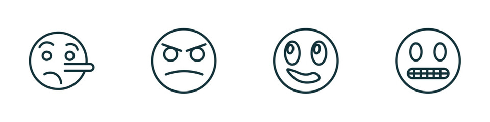 set of 4 linear icons from emoji concept. outline icons included lying emoji, angry emoji, imagine nervous vector