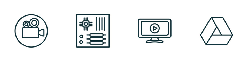 set of 4 linear icons from electronic devices concept. outline icons included video recorder, motherboard, smart tv, drive vector