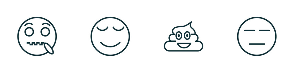 set of 4 linear icons from emoji concept. outline icons included secret emoji, calm emoji, poo expressionless vector