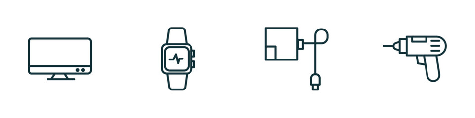 set of 4 linear icons from electrian connections concept. outline icons included television, smartwatch, magsafe, driller vector
