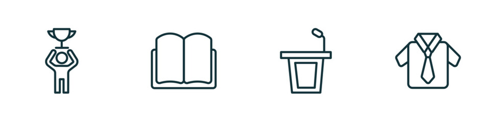set of 4 linear icons from education concept. outline icons included man with trophy, open book black cover, lectern, uniform vector