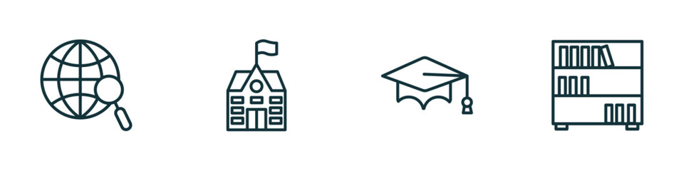 set of 4 linear icons from education concept. outline icons included browsing, school, graduation cap, book shelf vector