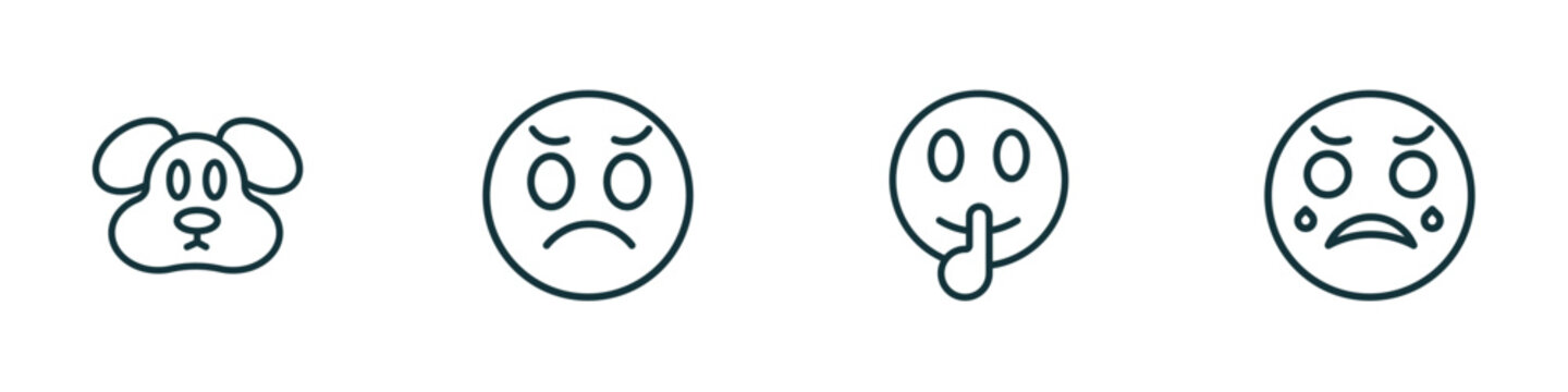 set of 4 linear icons from emoji concept. outline icons included dog emoji, dissapointment emoji, shushing crying vector