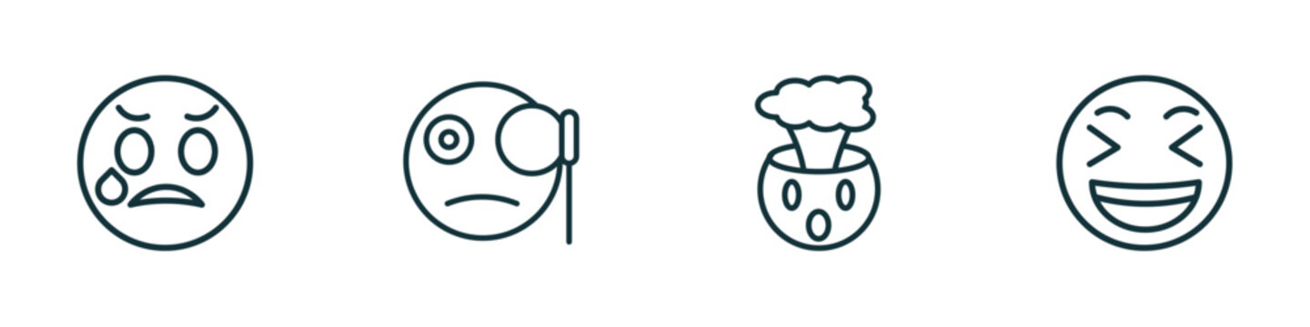 set of 4 linear icons from emoji concept. outline icons included disappointed emoji, monocle emoji, exploding head laughing vector
