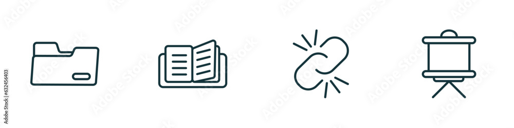 Poster set of 4 linear icons from education concept. outline icons included black folder, reading an open b