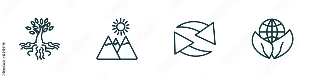 Aufkleber set of 4 linear icons from ecology concept. outline icons included tree and roots, landscape image, 