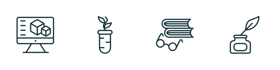 set of 4 linear icons from literature concept. outline icons included 3d de, plant sample, book and glasses, ink vector