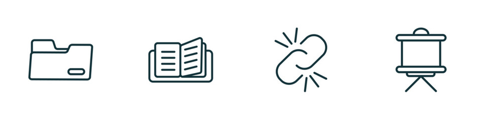set of 4 linear icons from education concept. outline icons included black folder, reading an open book, binding, writing whiteboard vector - obrazy, fototapety, plakaty