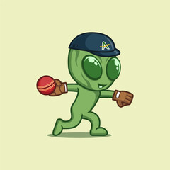cute cartoon alien playing cricket