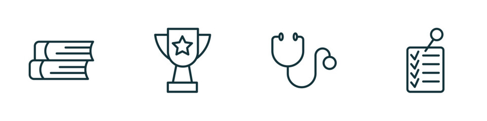 set of 4 linear icons from education concept. outline icons included two books, big trophy, cardiology tool, check list vector