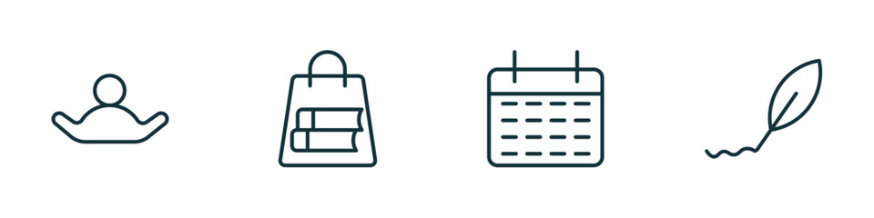 set of 4 linear icons from education concept. outline icons included open arms, bag of books, monthly calendar, calligraphy vector