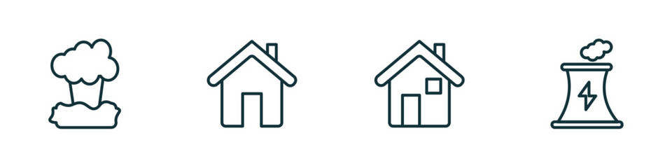 set of 4 linear icons from ecology concept. outline icons included geyser, green home, green house, power plant vector