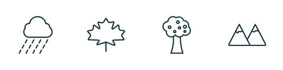 set of 4 linear icons from ecology concept. outline icons included raining, m leaf, fruit tree, snowy mountains vector