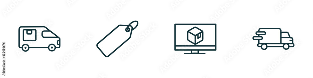 Poster set of 4 linear icons from delivery and logistic concept. outline icons included cargo bus, tag, del