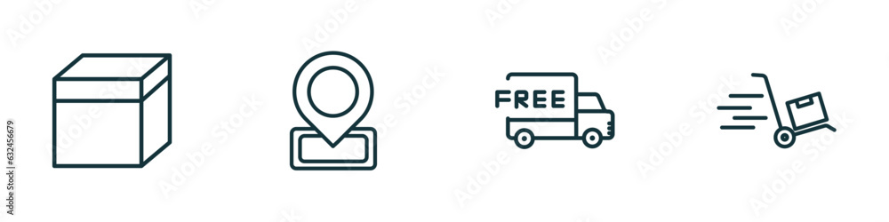 Poster set of 4 linear icons from delivery and logistic concept. outline icons included package, localize, 