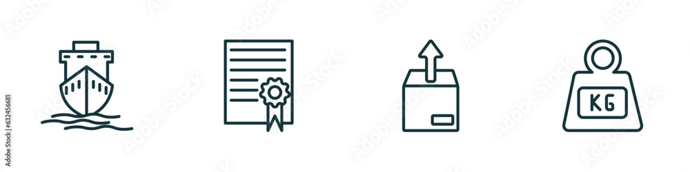 Poster set of 4 linear icons from delivery and logistic concept. outline icons included ship by sea, charte